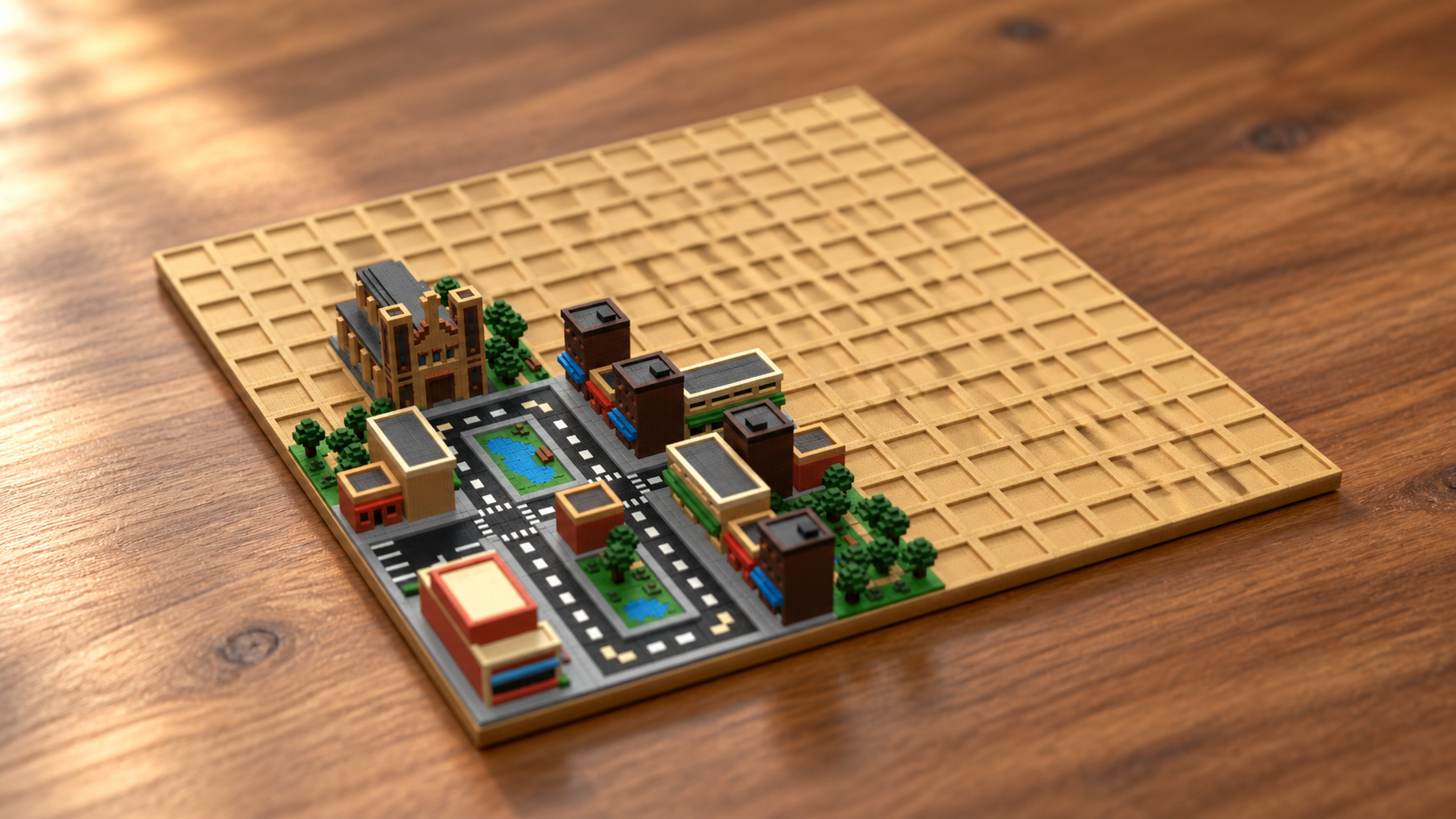A close view of Pixelton’s miniature urban world in warm tabletop light